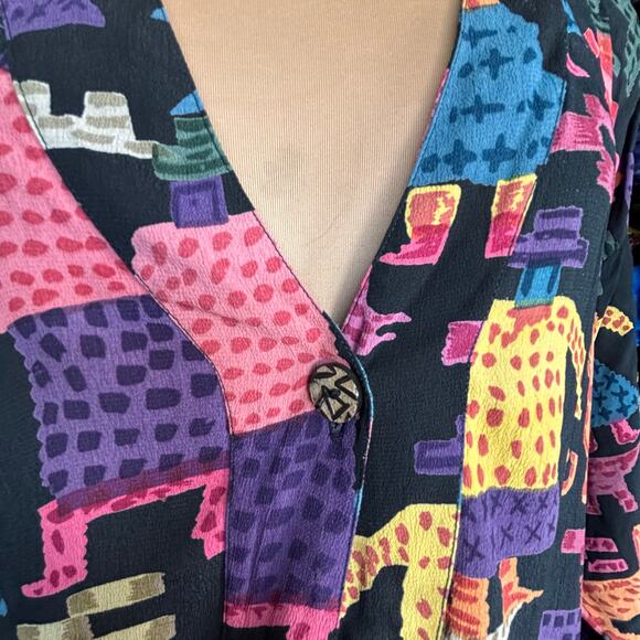 Vintage 90s Rayon Shirt Medium Colorful Yellow Tribal Abstract Animal Print - Picture 7 of 11